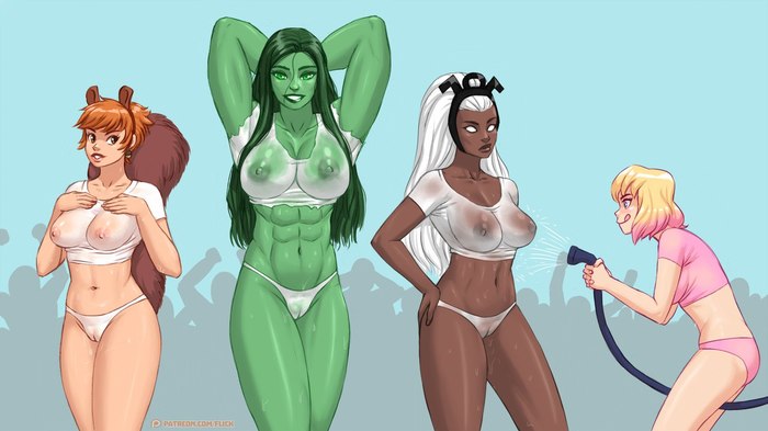 wet shirt competition - NSFW, Art, Marvel, , She-Hulk, Storm, Gwenpool, Wet T-shirt