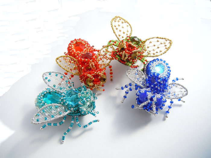 colored flies - My, Brooch, Bead jewelery, Fly, Bugs, Beads, Embroidery, Longpost