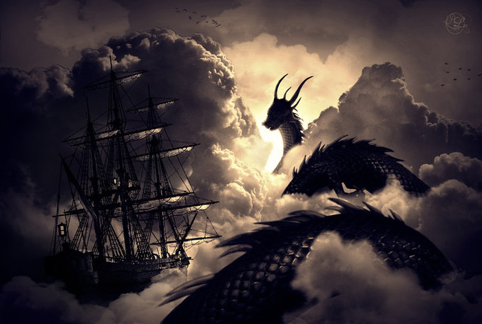 The Paladin - Clouds, The Dragon, Ship, Photoshop, Art