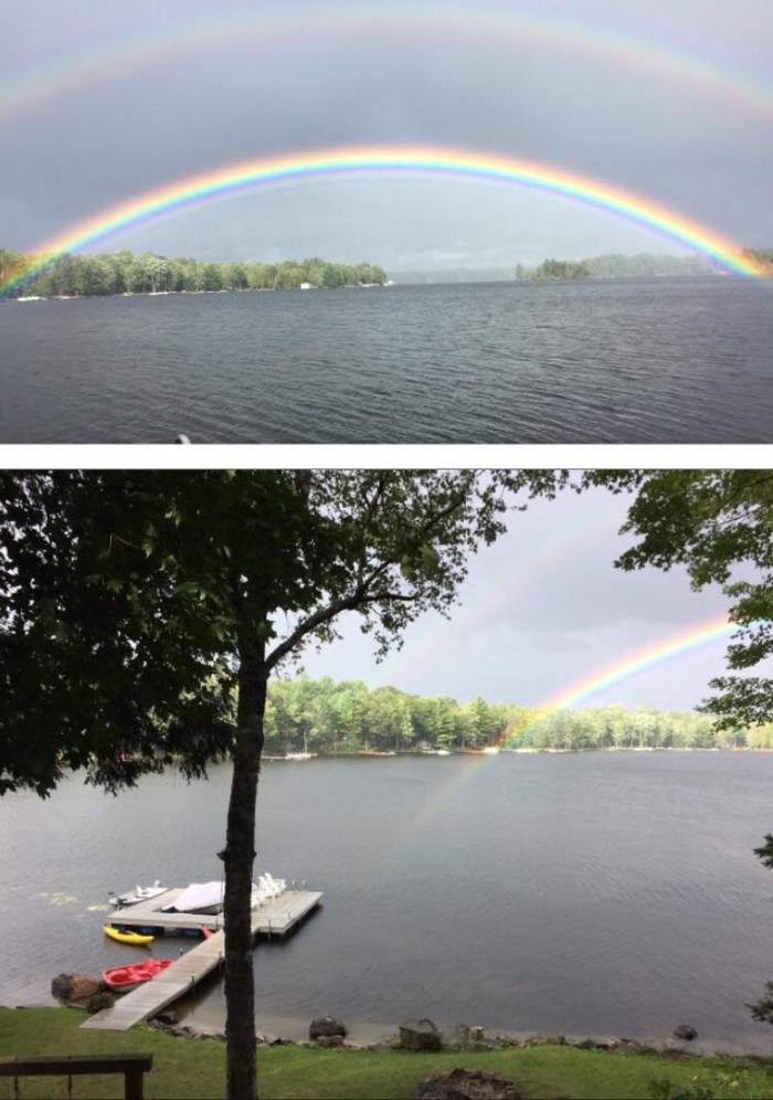 The double rainbow ends in the middle of the lake. - Rainbow, Lake, Reddit
