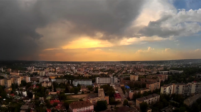 A May Day thunderstorm is approaching the city. - My, , Drone, Quadcopter, Aerial photography, Sunset, Thunderstorm, Town, Sj4000