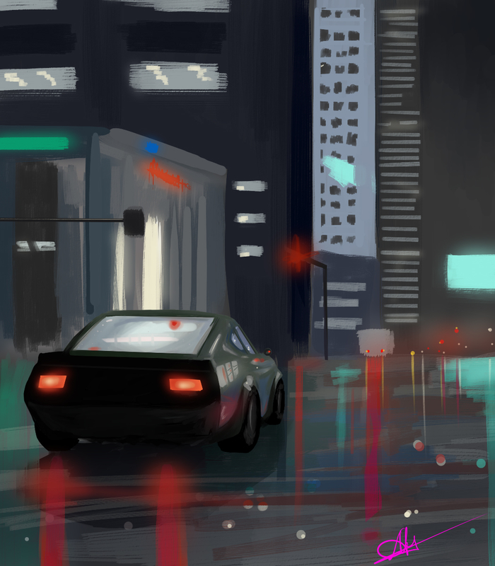 NightCall - Town, Night, Drawing, Art, My, Auto, Car, Digital drawing, SAI