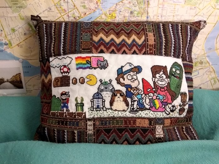 New pillow :) - Rick and Morty, Star Wars, Super mario, Gravity falls, Cross-stitch, Embroidery, Needlework, Handmade, My
