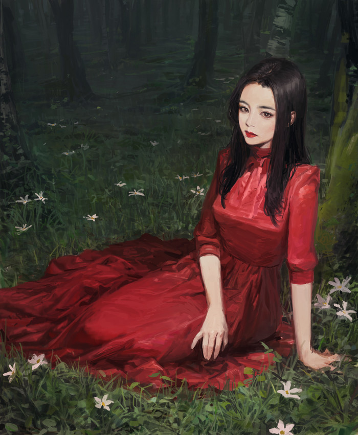 Red Dress - Арт, Рисунок, Девушки, Платье, Park Pyeongjun