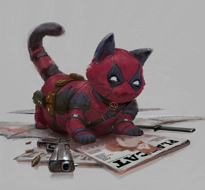 Catpool and Playcat magazine. - cat, Deadpool, Comic Art, 2D, Weapon, Magazine, Art, Playboy