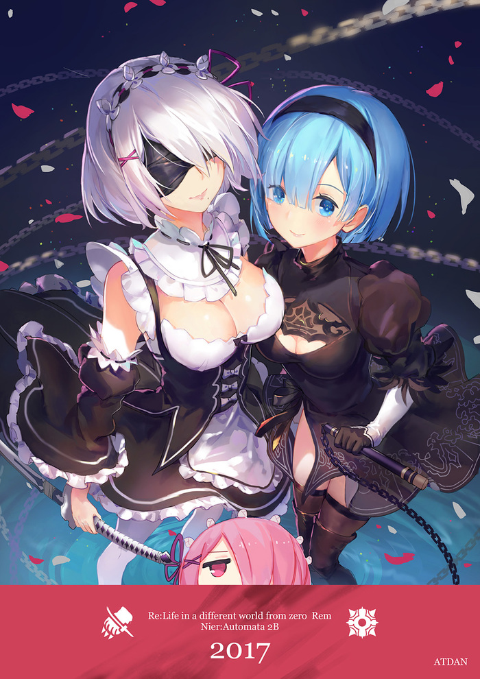 Crossover Art - Аниме, Anime Art, Кроссовер, NIER, NIER Automata, Yorha unit No 2 type B, Rem, Rem (Re:Zero Kara), Re:Zero Kara, , Ram (Re:Zero Kara)