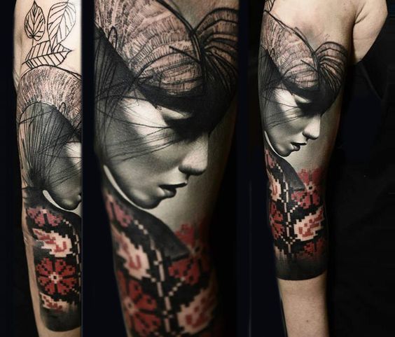 Ukrainian beauty - Tattoo, Embroidery, Tattoo on the arm, Realism, Graphics, Mixed media