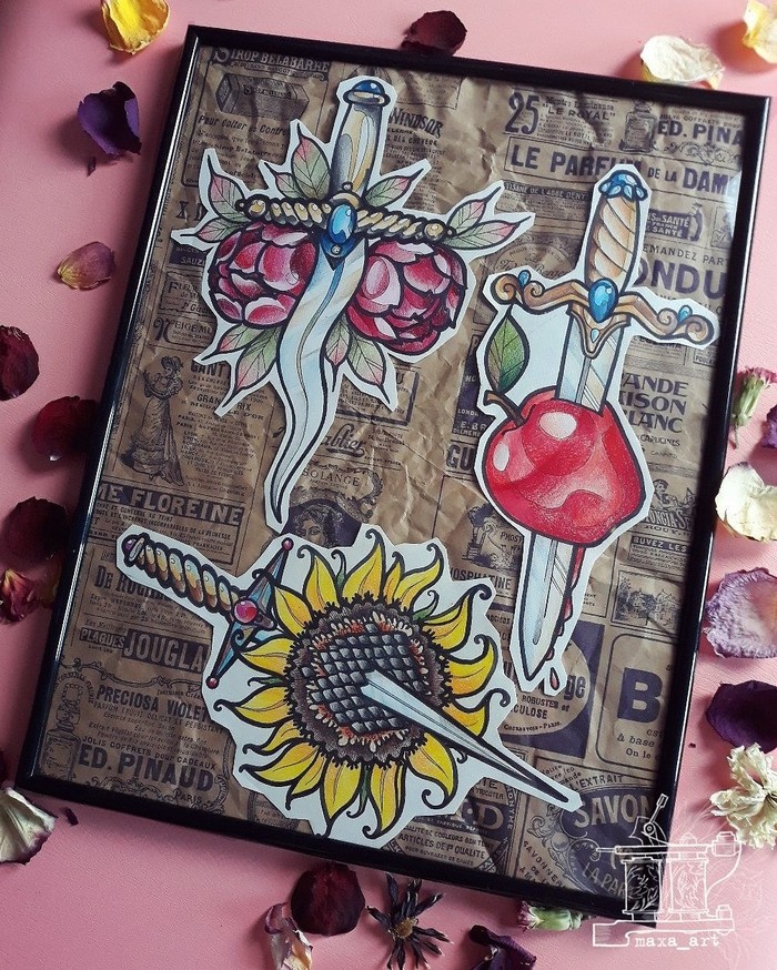 From time to time I draw something like this) - My, , Drawing, Knife, Flowers