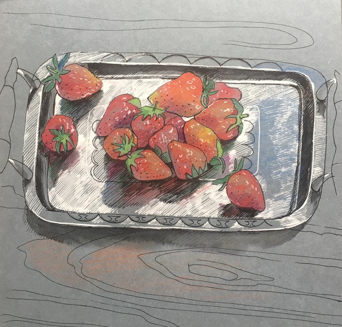 Strawberry - My, Strawberry, Berries, Mascara, Colour pencils, Tinted paper, Luboff00, Pencil, Tray, , Drawing, Strawberry (plant)