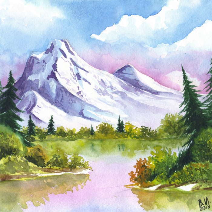 landscape watercolor - My, Watercolor, Landscape, Art, Vera Izotova, Art, Drawing, The mountains, Water