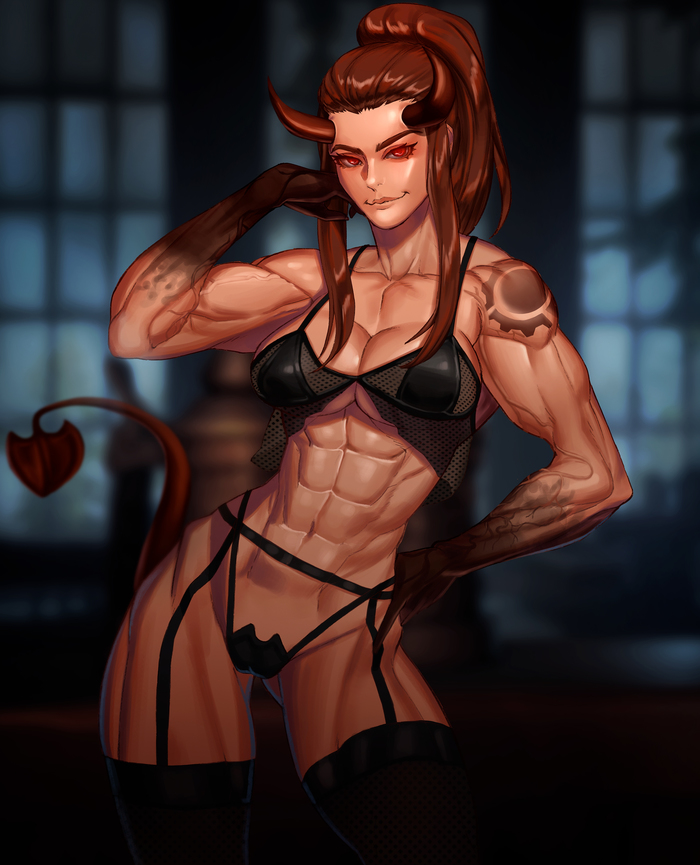 Overwatch: Demon Brigitte - NSFW, , Art, Strong girl, Overwatch, Brigitte, Monster girl, Demoness, 