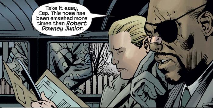 Easy, Cap. That nose gets busted more often than Robert Downey Jr. (Ultimates (2002) #3) - Marvel, Comics, Nick Fury, Robert Downey the Younger, Referral, Robert Downey Jr.