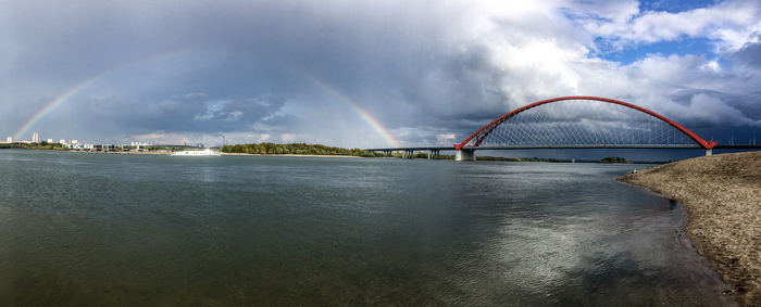 Two arches - natural and man-made - Panoramic shooting, Bugrinsky bridge, Панорама, Rainbow, My, The photo, Novosibirsk