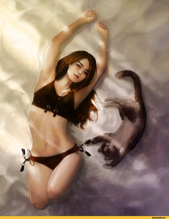 Девушка в нижнем белье и кошка лежат на кровати, by hellishburn