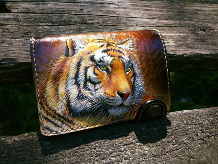 Leather wallet Tiger - My, Tiger, Embossing on leather, Wallet, Leather products, Needlework with process, Longpost