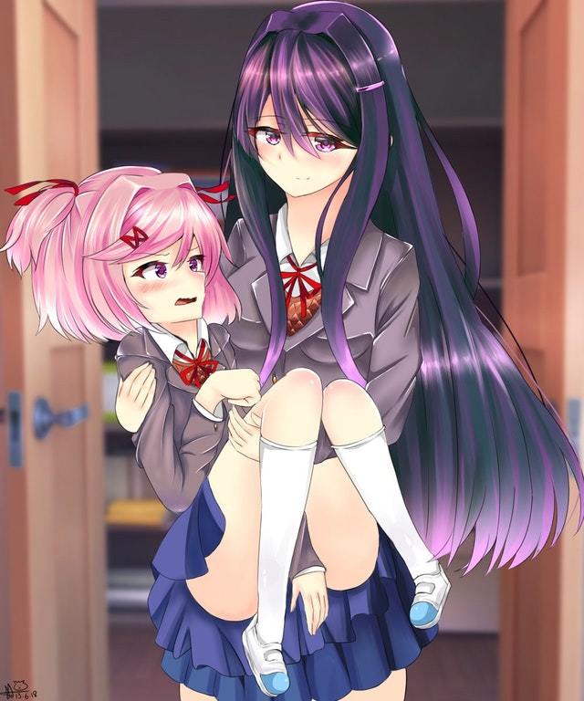 Просто Юри спасла Натсуки от падения - Doki Doki Literature Club, Natsuki, Yuri, Yuri DDLC, Аниме, Не аниме, Визуальная новелла, Арт