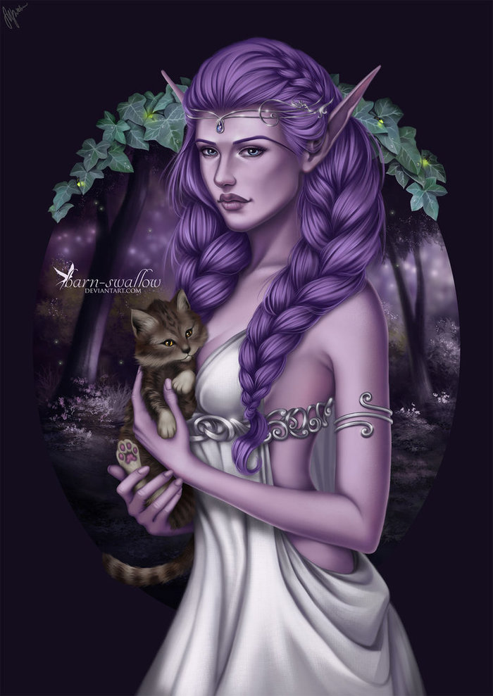 Night elf and kitten - Wow, World of warcraft, Warcraft, Night elfs, , cat, Art