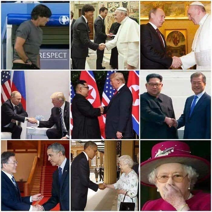 Seven handshakes. - Handshake, Queen Elizabeth II, Donald Trump, Kim Chen In, Pope, Barack Obama, The six handshake theory