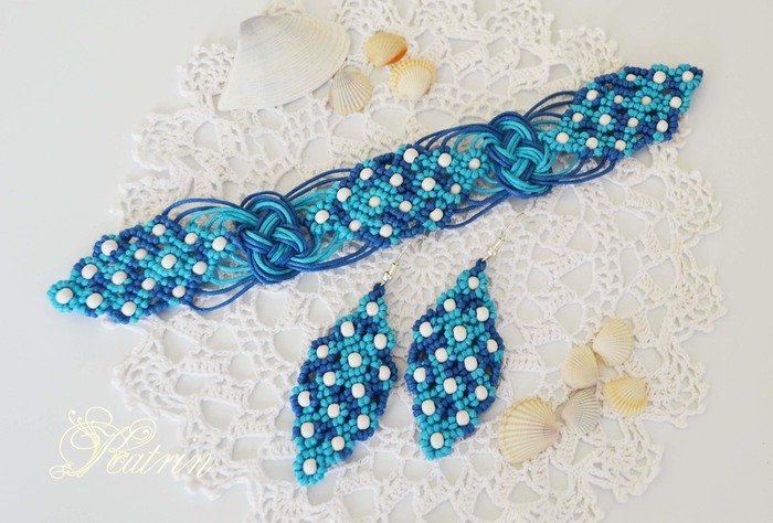 Set Marine. Macrame bracelet and earrings. - My, A bracelet, Earrings, Maritime, Macrame, Decoration, Needlework without process