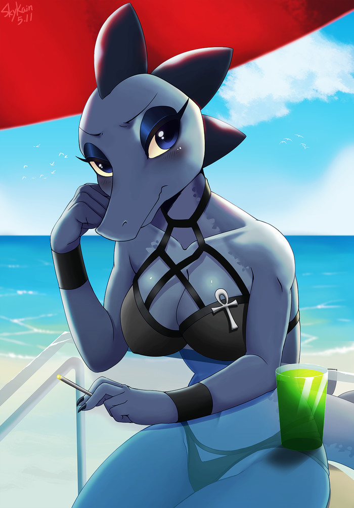 A date at the beach - Furry, Art, Anthro, Night in the Woods, Bea, Skykain, Swimsuit
