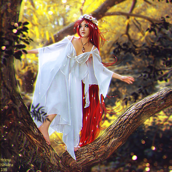 Tree Nymph. - My, Art, Elena Nikulina, Nymphs, Dryad, Red hair, Fantasy, Beautiful girl, Forest