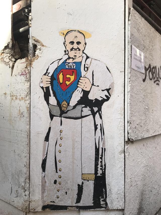 Street art on the streets of Rome - Pope, Superman, Street art, , Street