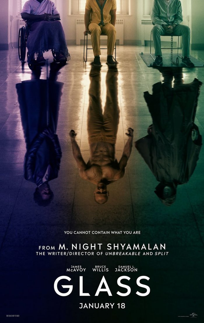 The first poster of the film Glass by M. Night Shyamalan - Images, Poster, Movies, Bruce willis, Samuel L Jackson, James mcavoy, Shyamalan