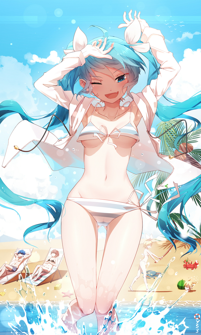 Beach - NSFW, Hatsune Miku, Anime, Not anime, Art, Vocaloid, Anime art, Swimsuit, Beach