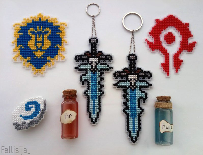 Badges and key chains with a cross - My, Embroidery, Needlework, Rick and Morty, Harry Potter, World of warcraft, Cross-stitch, Needlework without process, Longpost