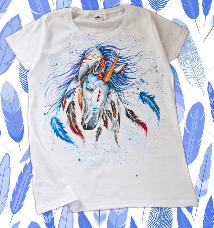 Unicorn with feathers - My, Painting Clothes T-shirt Style, Painting on fabric, T-shirt, Fashion, Unicorn, Paints