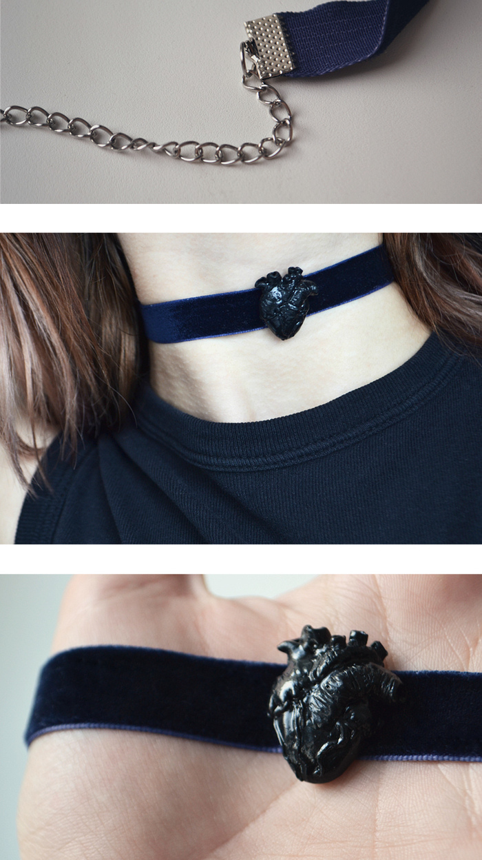 Black heart choker.
 - My, Needlework without process, Decoration, Polymer clay, Handmade, Anatomical heart, Heart, Choker