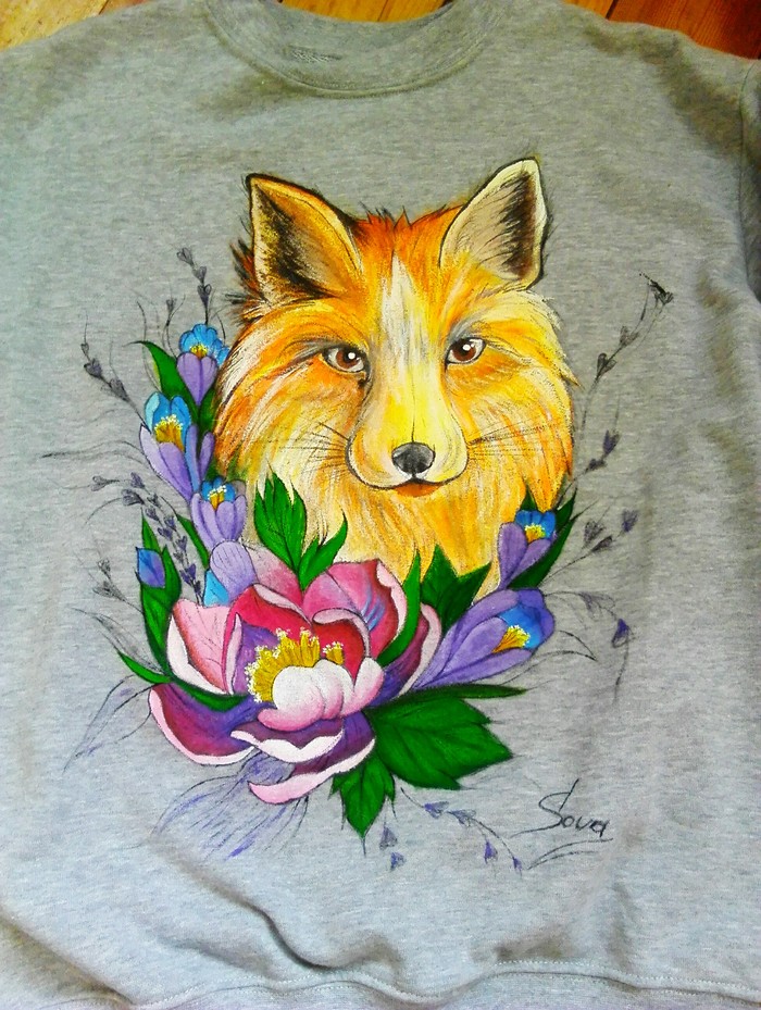 Fox, acrylic on fabric - My, Painting on fabric, Needlework without process, Fox, Order, Animals, Flowers, Painting, Acrylic