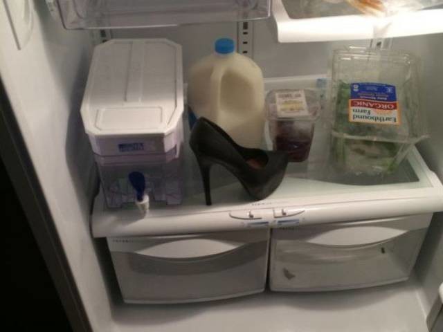 The morning after drinking - Refrigerator, Booze, Shoes, Confused