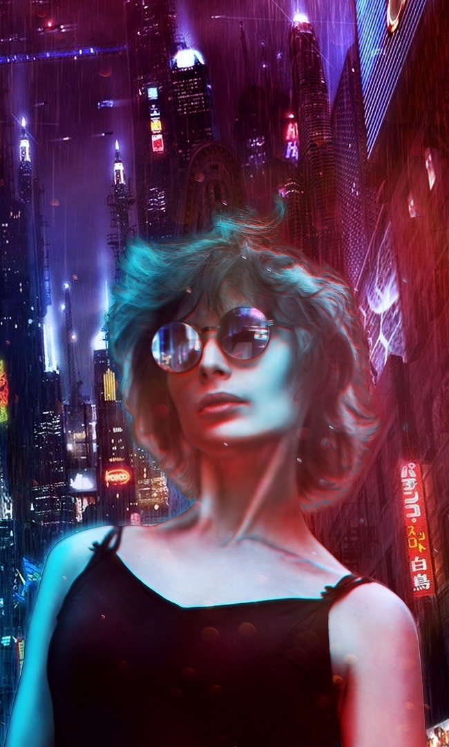 Night city - My, Photoshop, Cyberpunk, Town, Glasses, Collage, Girls, Night