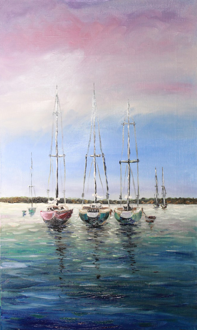 Painting with a calm mood Cozy bay - My, My, Oil painting, Mood, Bay, Sailboat, Calm, , 