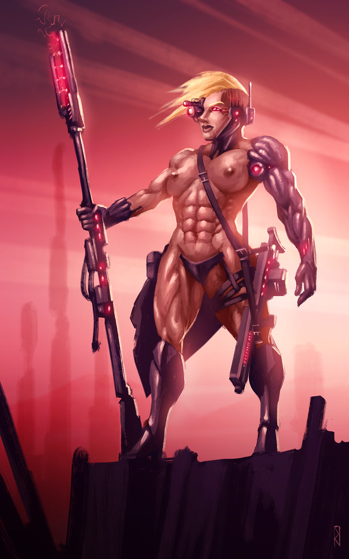 Cyber Conqueror - NSFW, Janrockitnik, Art, Strong girl, Sleep-Sleep, Warrior, Cyberpunk, Cyborgs