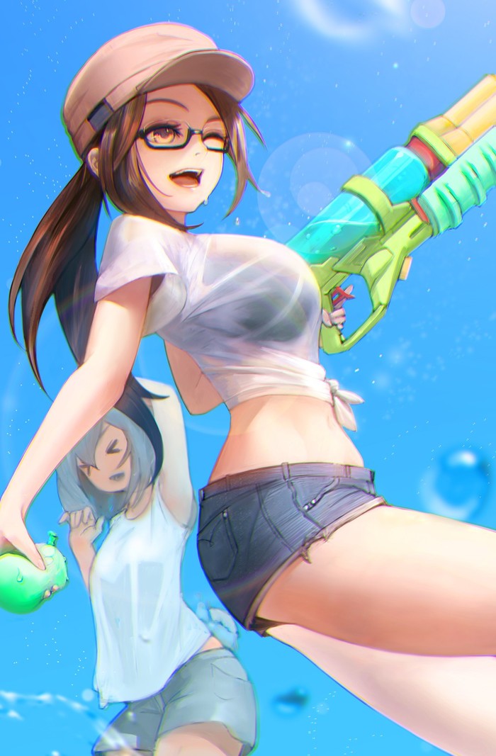 Summer entertainment - Anime art, Drawing, Girls, Summer, Water gun, 