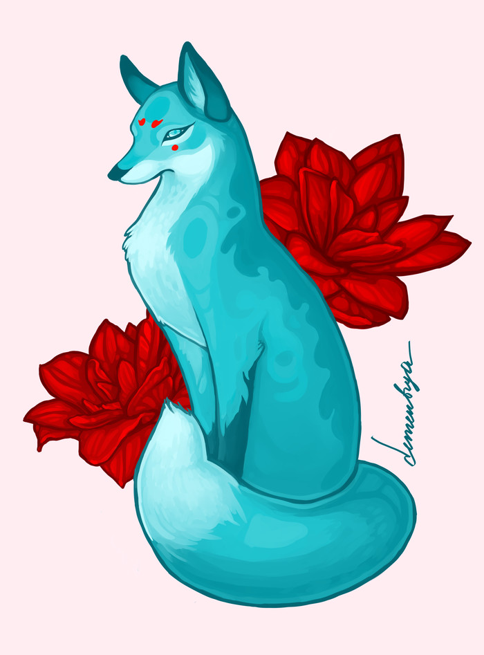 Ice fox - My, Digital drawing, Fox, Flowers, Peonies, Dementrya, SAI, Drawing