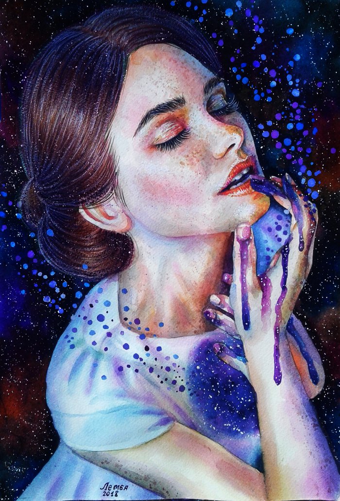 Watercolor portrait. The Magic Is Inside You - My, Portrait, Drawing, Art, Creation, With your own hands, Girls, beauty, Space