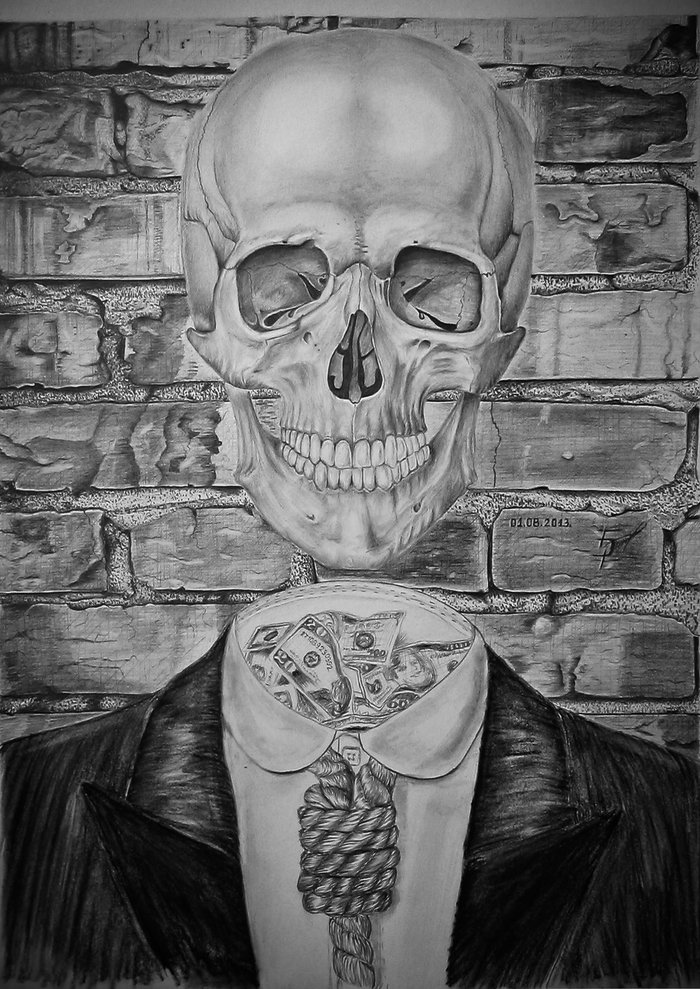 Greed. My graphics. - My, Graphics, Drawing, Realism, Hyperrealism, Pencil drawing, Money, Scull