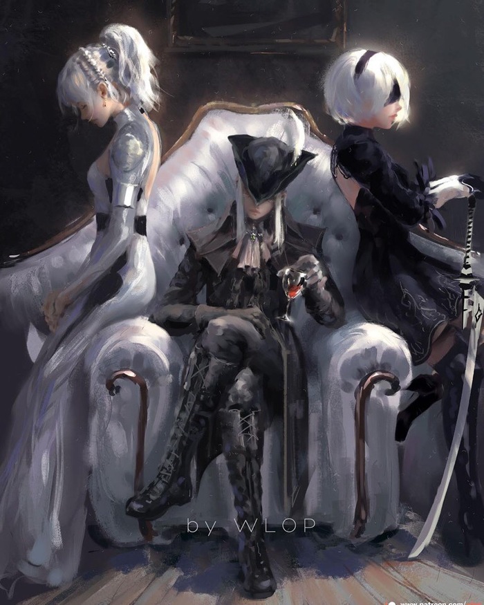 Three maidens by the window... - NIER, Final Fantasy, Wlop, Art, Games, Bloodborne