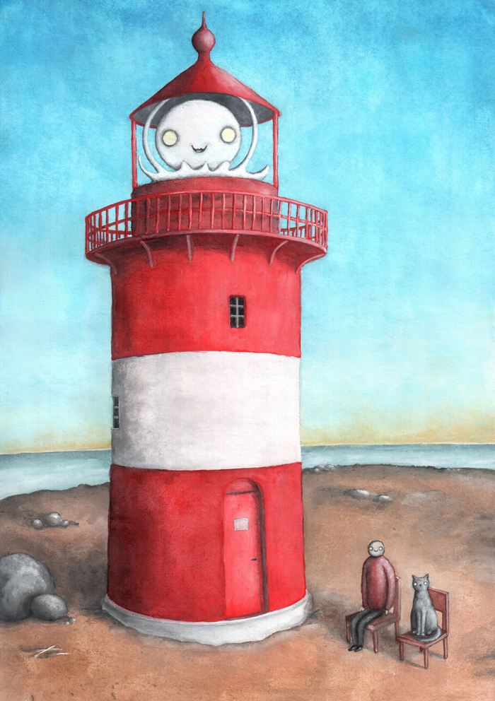 lighthouse, man, and cat - My, Lighthouse, Person, cat, Evening, Painting