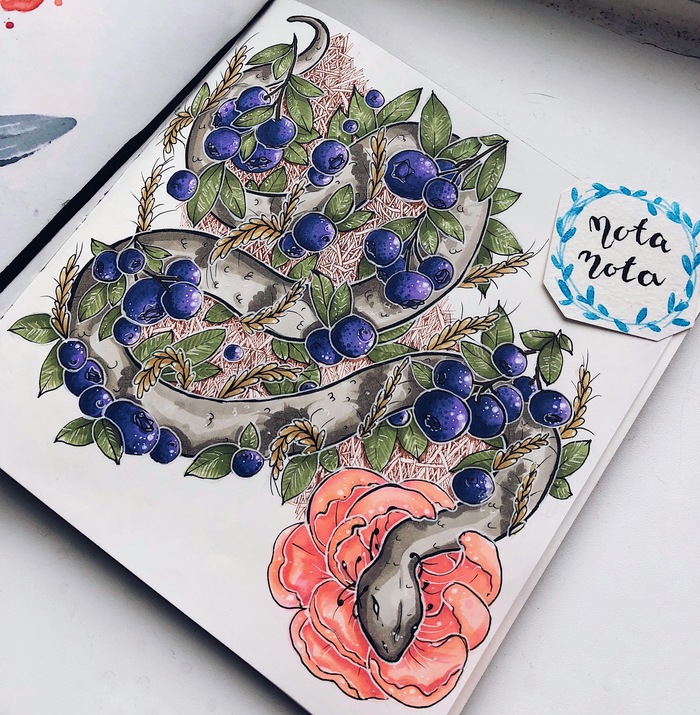 Snake - My, Drawing, Snake, Alcohol markers, Marker, Longpost, Reptiles, Berries, Animalistics