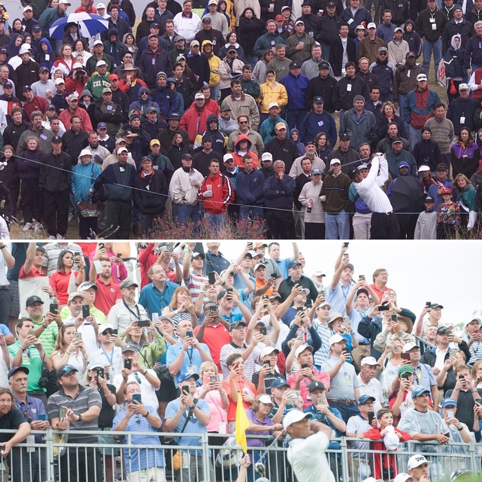 Spectators watch Tiger Woods play, 2002 and 2018 - Golf, Spectators, Telephone, Tiger Woods