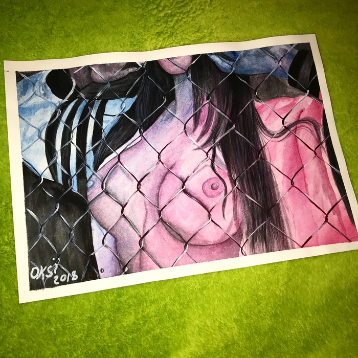 watercolor - NSFW, My, Watercolor, Body, Drawing, Girls, Breast, Netting, Fence