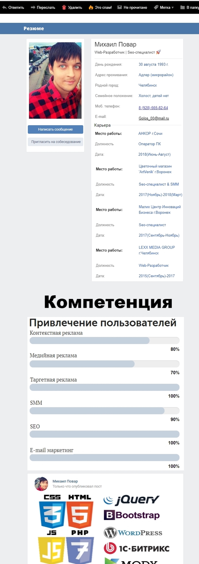 Резюме в стиле страницы VK - Моё, Интернет-Маркетинг, HTML, CSS, Верстка, Резюме, Длиннопост