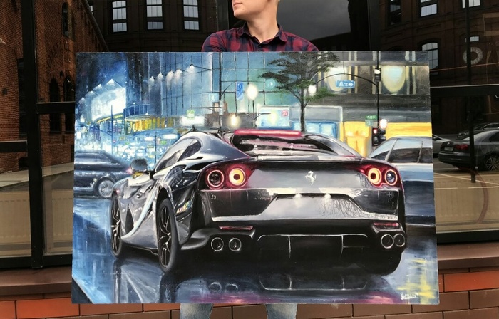 Painted oil painting size 100 * 70 Car Ferrari 812 Superfast - My, Ferrari, Oil painting, Night city, Car, Auto, Painting, Butter