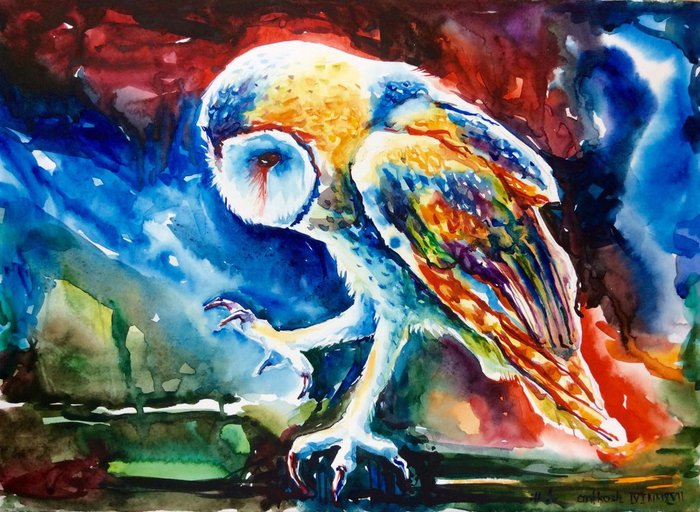 Psychedelic hoarseness - My, Artkosh, Watercolor, Owl, Drawing, Birds, , Barn owl, Sketch