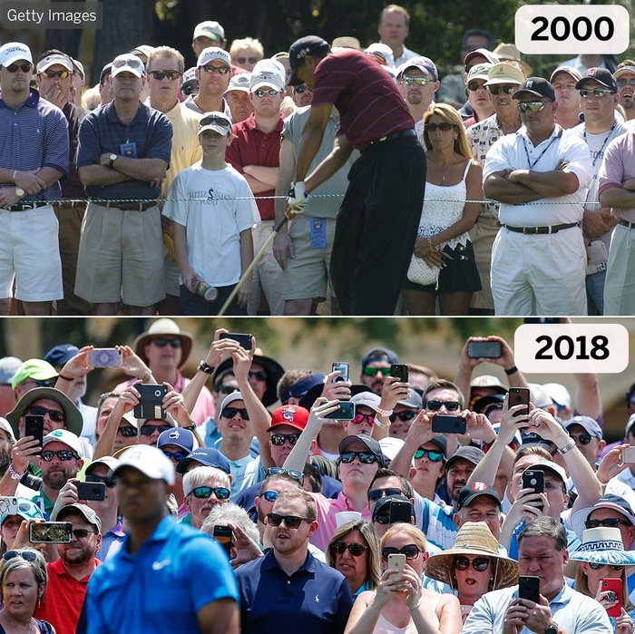 Watching a sporting event 18 years old and now - Sport, Tiger Woods, Progress, Telephone