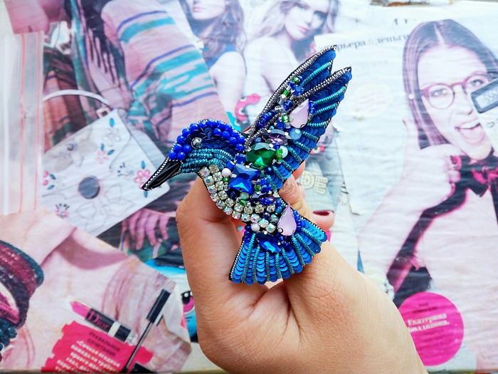 Hummingbird brooch in blue - My, Brooch, Needlework without process, Needlework, Beads, With your own hands